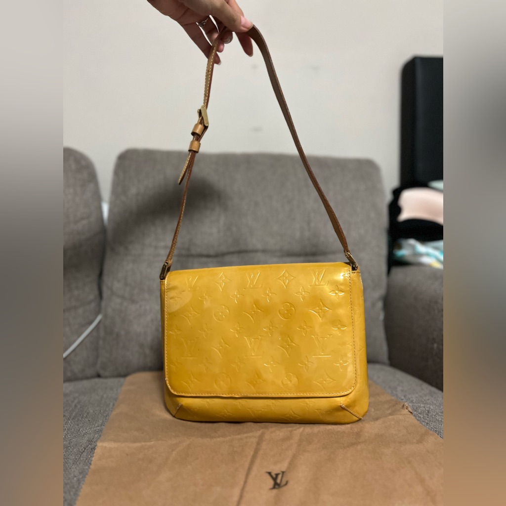 Louis Vuitton: "Thompson Street" Yellow Patent Leather "Lv" Shoulder Bag